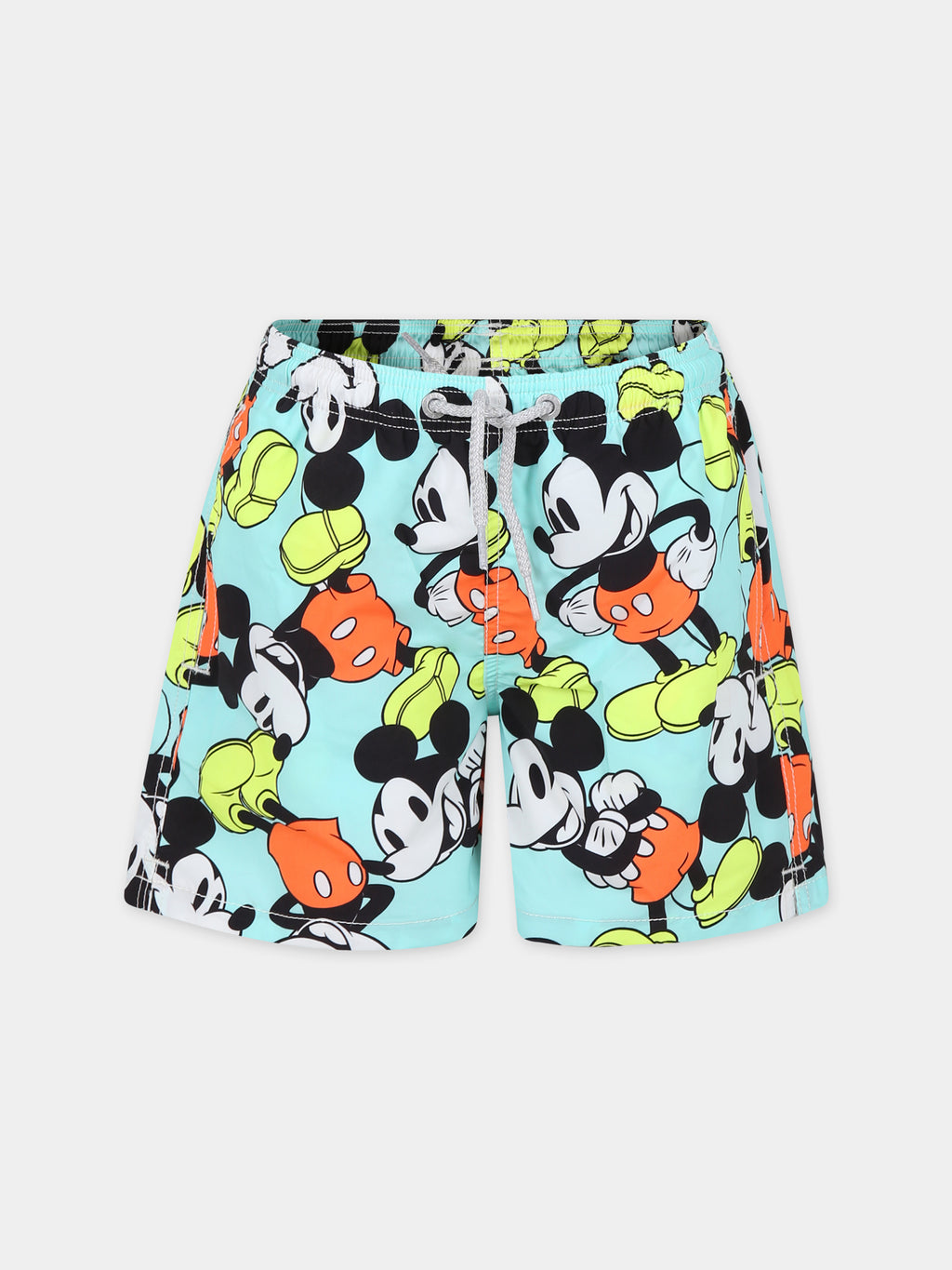 Green swim shorts for boy with Mickey Mouse print and logo
